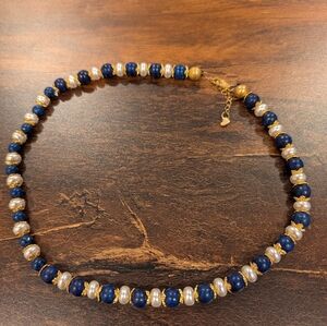 French Style Lapis Lazuli And Pearls With Gold Tone Lock 17' Long & 2" Extension